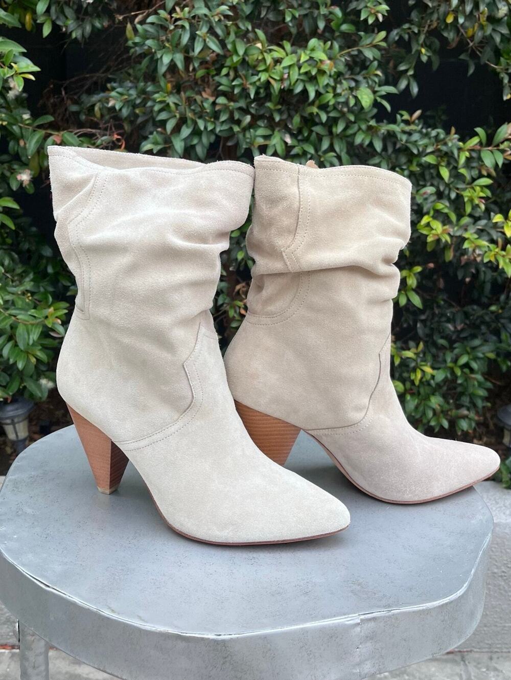 Joie Gabissy Suede Western Ankle Boots Cream Ivory Pointed Toe Block Heel Sz 39
